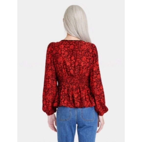Knox Rose Womens XL Red Floral Peplum Blouse Smocked Waist & Long Sleeves - Picture 2 of 12